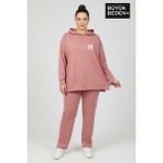 Superlife Büyük Beden Kapşonlu M Baskılı Tunik Ince Sweatshırt SPR26BTK991-4 - Rose - 3XL