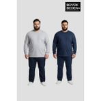 Superlife Erkek Büyük Beden 2'li Set Uzun Kollu 2 Iplik Bisiklet Yaka Tişört SPR26BEA942+2 - Lacivert - Gri - 5XL