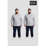 Superlife Erkek Büyük Beden 2'li Set Uzun Kollu 2 Iplik Bisiklet Yaka Tişört SPR26BTS542+2 - Açık Gri - Gri - 6XL