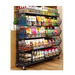 Süpermarket Sepeti Tekerlekli Tel Sepet Eğimli Raflar Ofis Mutfak Kiler için (Renk: Siyah, Boyut: 120 x 45 x 140 cm)