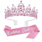 SuPoo Pembe Doğum Günü Taçları Doğum Günü Kuşağı ve Taç Seti Doğum Günü Tiara Yapay Elmas Metal Taç Taraklı Parıltılı Doğum Günü Kız Kuşağı Kristal Kafa Bandı Prenses Tiaraları Kız Mutlu Doğum Günü