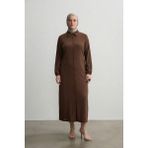 Şuranur Bürümcük Gömlek Yaka Boydan Düğmeli Uzun Elbise Tesettüre Uygun 2xl 6xl - Kahverengi - 3XL