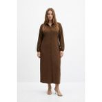 Şuranur Bürümcük Kumaş Gömlek Yaka Boydan Düğmeli Uzun Elbise Tesettüre Uygun - 4XL - Kahverengi