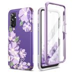 SURITCH Samsung Galaxy A14/A14 5G Kılıf ile uyumlu, Samsung Galaxy A14/A14 5G 6,6 İnç için Dahili Ekran Koruyuculu Darbeye Dayanıklı Koruyucu Kılıf Çiçek Tasarımı (Mor Kozmos)