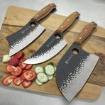 Surlaz 3'lü Mutfak Bıçak Seti, Paslanmaz Çelik, Ahşap Desenli Sap, Tam Dövme, Cleaver ve Şef Bıçağı, Kamp ve Outdoor Bıçak Seti