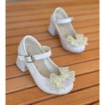 Surpie Shoes Çocuk Topuklu Ayakkabı, Kısa Topuklu Ayakkabı, Çocuk Abiye Ayakkabı - Beyaz Simli