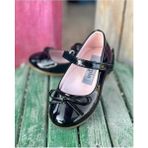 Surpie Shoes Ince Fiyonk Detaylı Kız Çocuk Babet, Siyah Suni Deri, Ortopedik Tabanlı, Düz Topuklu