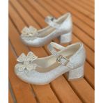 Surpie Shoes Kısa Topuklu Çocuk Abiye Ayakkabı Gümüş Simli Kız Çocuk İçin Şık Tasarım