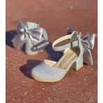 surpie shoes Kısa Topuklu Kız Çocuk Abiye Ayakkabı Gümüş Renkli Tokalı Kolay Kullanım