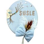 Süsle Bebek ve Parti Kuru Çiçek Tanzimli, Ayıcıklı, İsimli Oval Kapı Süsü, Mavi