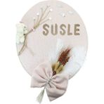 Süsle Bebek ve Parti Kuru Çiçek Tanzimli, Ayıcıklı, İsimli Oval Kapı Süsü, Pudra Renk