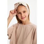 Sutlu Kahve-Bej Kiz Pamuklu Penye, Kaymaz, Terletmez, Ultra Hafif Esnek Fiyonk Baglamali Sac Bandi Bandana