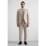 Süvari Bej Slim Fit Takım Elbise Erkekler İçin Sivri Yaka ve Yelekli Model - 48