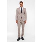 Süvari Erkek Bej Slim Desenli 6 Drop Takım Elbise Sivri Yaka Modern Fit ile Zarif Görünüm - 56