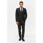 Süvari Siyah Slim Desenli Mono Yaka 6 Drop Yelekli Takım Elbise Erkek Slim Fit Model - 52