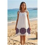 SUVAY Kadın Beyaz Mor Mandala Desenli Pamuklu Plaj Elbisesi Askılı Püsküllü Pareo Tunik Mayo Üstü Beachwear Yazlık