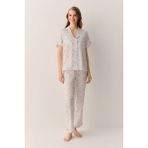 Suwen Butterfly Pamuklu Gömlek Yaka Pijama Takımı - Ekru - 2XL