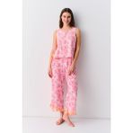 Suwen Linda Kadın Atlet Pantolon Pijama Takımı Klasik Yaka Pembe Çiçek Desenli Dokuma - Pembe - 2XL