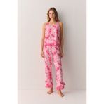 Suwen Linda Kadın Atlet Pantolon Pijama Takımı Pembe Çiçek Desenli Klasik Yaka Standart Kol - Pembe