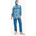 Suwen Regular Fit Su Itici 3'lü Desenli Burkini Tesettür Mayo Takım E7996AX25HS - Koyu Mavi
