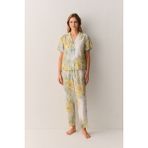 Suwen Sunny Modal Gömlek Yaka Pijama Takımı - Sarı Desenli - XL