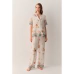 Suwen Victoria Gömlek Yaka Pijama Takımı - Bej - XL