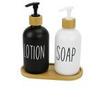 SUWORS 2’li Cam Sıvı Sabunluk ve Losyonluk Seti | 500 ml Siyah & Beyaz Boyalı Cam | Bambu Kapak ve Ahşap Altlıklı Banyo Seti | Şık ve Dayanıklı Tasarım