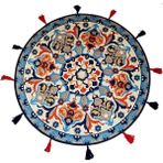 Suzani Blue 601 Etnik ve Çini Desen Yuvarlak Püsküllü Halı - 150 x 150 cm - Renkli