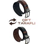 Süzer Deri Kahverengi / Siyah Çift Taraflı Suni Deri 4 cm. Genişlik Dönerli Tokalı Spor Erkek Kemer - 7110-13