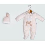 Süzine Tavşan Nakışlı Şapkalı Kadife Bebe Kız Tulum - Somon