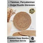 Svein 6'lı Premium Yuvarlak Hasır Bambu Amerikan Servis Örme Supla Sofra Yemek Masası Yanmaz Tabak Altlığı - 36 x 36 cm - Açık Sarı