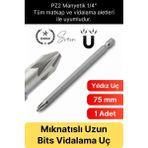 Svein #bitsuç Mıknatıslı 75 mm Yıldız Vidalama Bits Uç Pz2 Manyetik 1/4" Şarjlı Matkap Ucu Uzun Boy 1 Adet - 000-Siyah