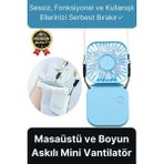Svein Çok Fonksiyonlu Taşınabilir Sessiz Serinletici Şarjlı Fan Masaüstü ve Boyun Askılı Mini Vantilatör - Mavi