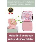 Svein Çok Fonksiyonlu Taşınabilir Sessiz Serinletici Şarjlı Fan Masaüstü ve Boyun Askılı Mini Vantilatör - Pembe