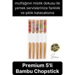 Svein Premium Bambu 5'li Kaymaz Yıkanabilir Desenli Çin Yemek Çubuğu Uzakdoğu Asya Mutfağı Chopstick Set - Renkli