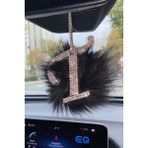 Swarovski Gümüş Taşlı Dikiz Ayna Kolye Süsü Siyah Tüylü T Harfi