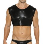 Swbreety Erkek metalik parlak Tank Top gömlek suni deri kırpma üstleri kolsuz fantezi sahne disko giyim, Siyah, S