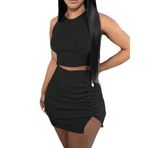 SweatyRocks Kadın iki parçalı Crop Top ve etek, yırtmaçlı 2 parçalı set, yuvarlak yaka, atlet, yüksek bel, mini etek, dantelli set, yaz kıyafeti, Siyah, L