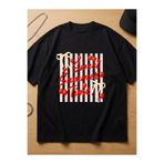 Sweet Summer Time Çilek Coquette Çizgili Baskılı Oversize Pamuklu Siyah T-shirt kmn46sb