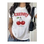 Sweetline Cherry Happy Baskılı Beyaz Tshirt Anne Kız Kombin - Oversize Bisiklet Yaka Tişört