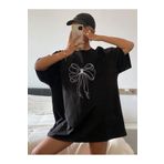 Sweetline Kurdela Süprem T-Shirt - Siyah Baskılı Oversize Bisiklet Yaka Kısa Kol Tişört