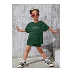 Sweetline Los Angeles Pamuk Çocuk Takım T-shirt Şort - Nefti Yeşil Baskı Kız Erkek Çocuk Yazlık El Yazılı