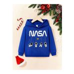 Sweetline Nasa Astronot Pamuklu Çocuk Sweatshirt - Sax Mavi Baskılı Kız Erkek Çocuk Kışlık Cepli Kapüşonlu