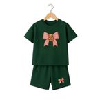 Sweetline Pembe Bear Ayıcık Kurdela Baskılı Çocuk Takım - Nefti Yeşil Şort T-shirt Takım Baskılı Kız Çocuk Y