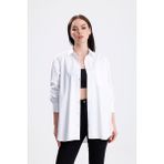Sweetness Kadın Beyaz Oversize Likralı Pamuklu Cepli Uzun kol gömlek - XS
