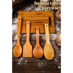 SWENCRAFT Doğal Ahşap Bambu Kesme Tahtası Mutfak Servis Kepçe Pilav Spatula Kaşık 5'li Set El İşçiliği