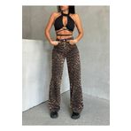 Swet Shop Jeans Kadın Leopar Desenli Yüksek Bel Likralı Geniş Paça Palazzo Pantolon Kahverengi 30