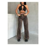 Swet Shop Jeans Kadın Leopar Desenli Yüksek Bel Likralı Geniş Paça Palazzo Pantolon Kahverengi 31