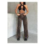 Swet Shop Jeans Kadın Leopar Desenli Yüksek Bel Likralı Geniş Paça Palazzo Pantolon Kahverengi 40-29