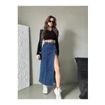 Swet Shop Jeans Kadın Önü Düğmeli Uzun Boy Koyu Mavi Likralı Kot Etek